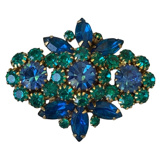 Vintage Blue Green Rhinestone Brooch Large Size Glam Mid Century - Picture 1 of 3